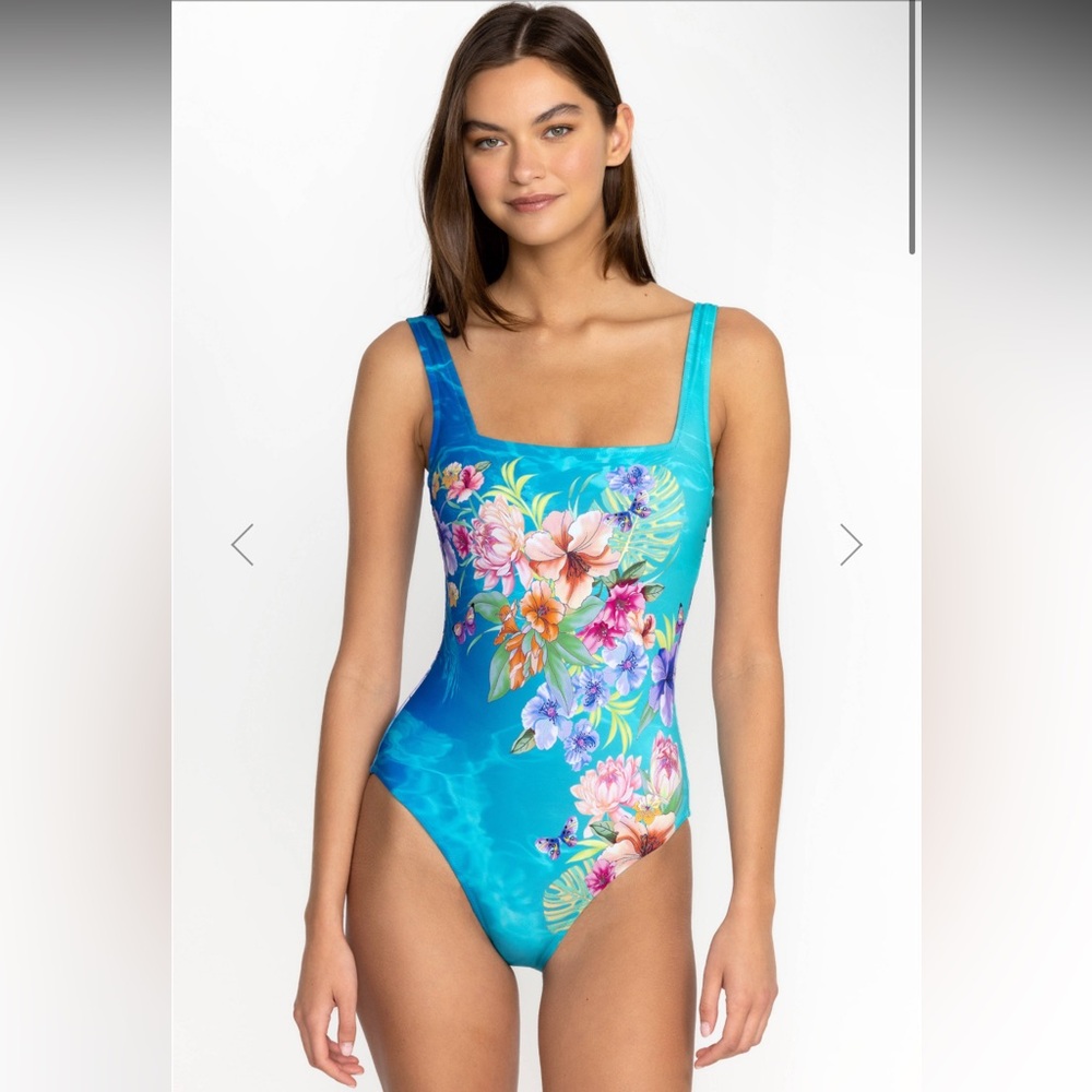 (1X) Johnny Was Water Tropic Square Neck One Piece Turquoise Blue Floral Plus